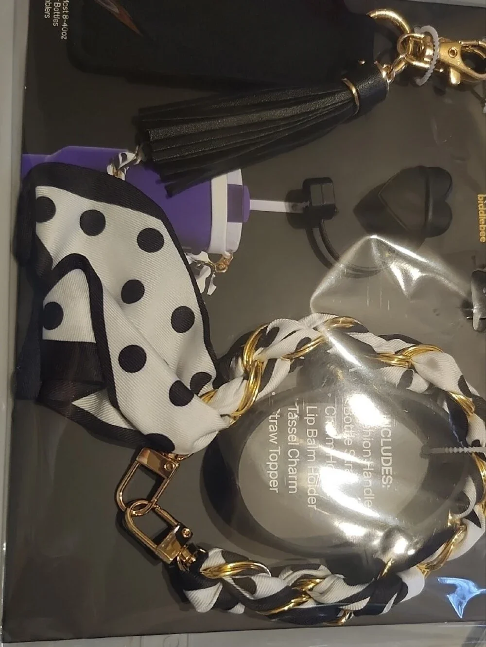 Fashionable Black and White Polka Dot Bag Charm with Gold Chain